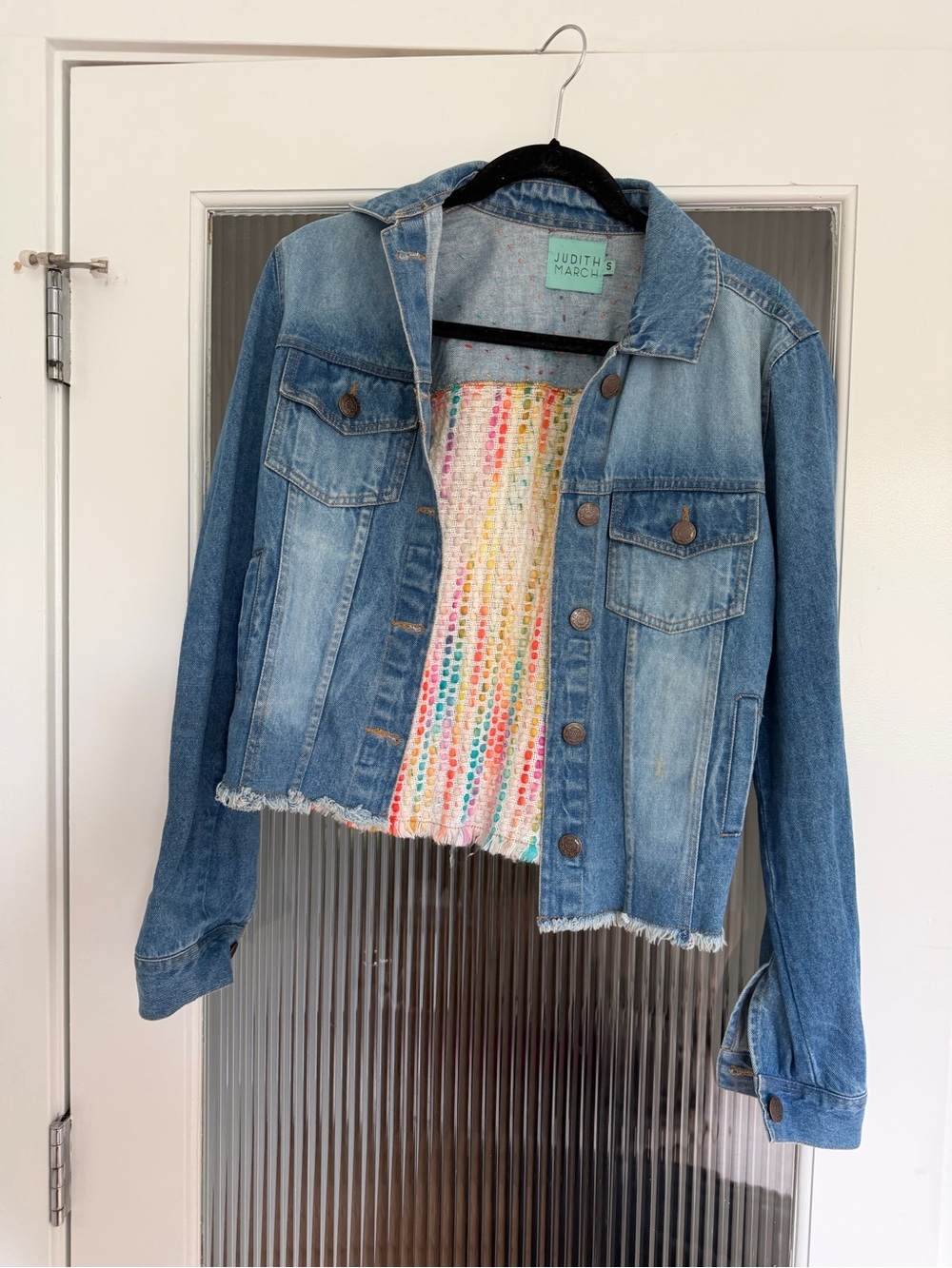 Judith March Light Blue Denim Jacket with Multicolor Trim and Crochet Accent
